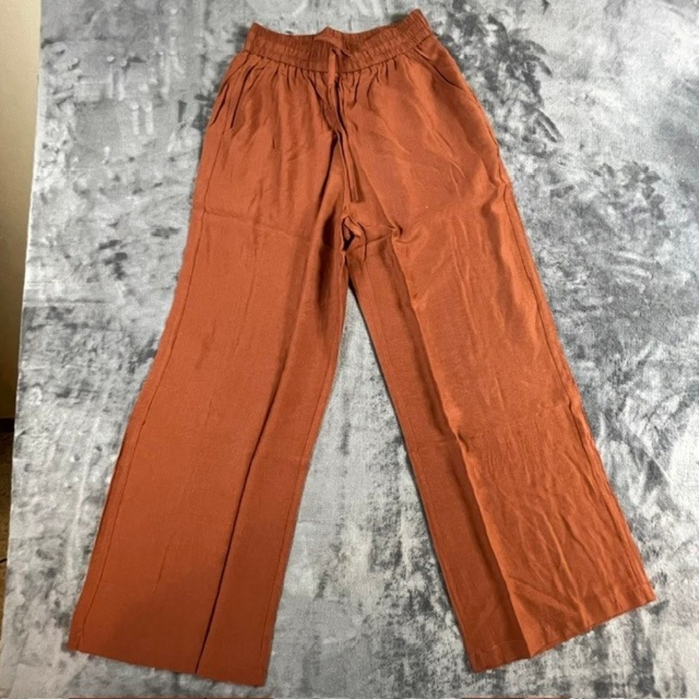 Halara Sequoia Brown Linen Blend Wide Leg High Waisted Drawstring Pants Small